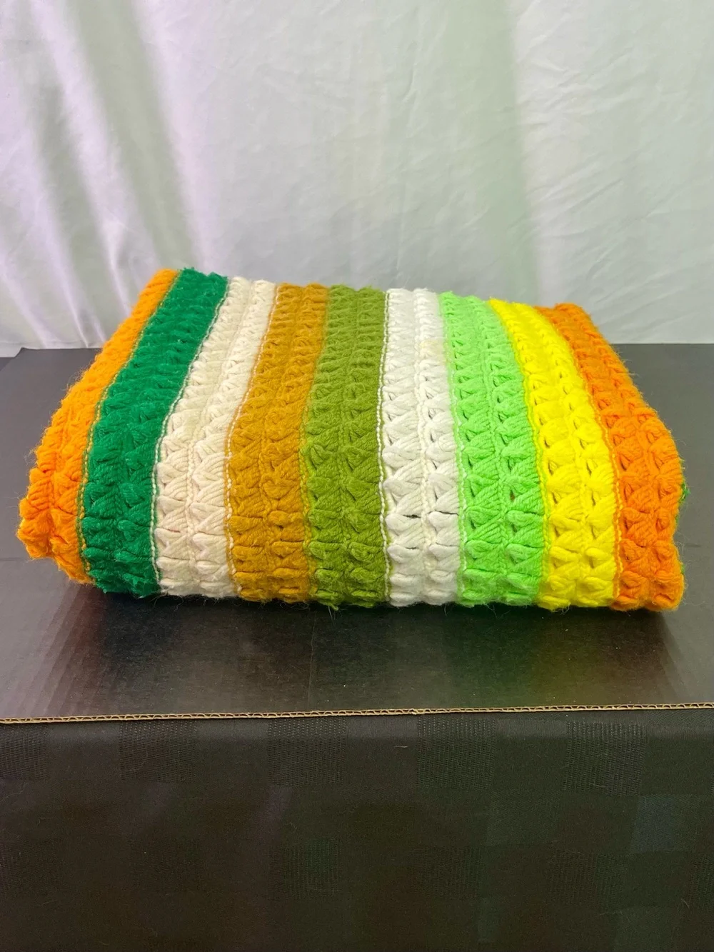 Vintage Handmade Striped Crochet Afghan in Greens, Yellow, Brown, White & Orange